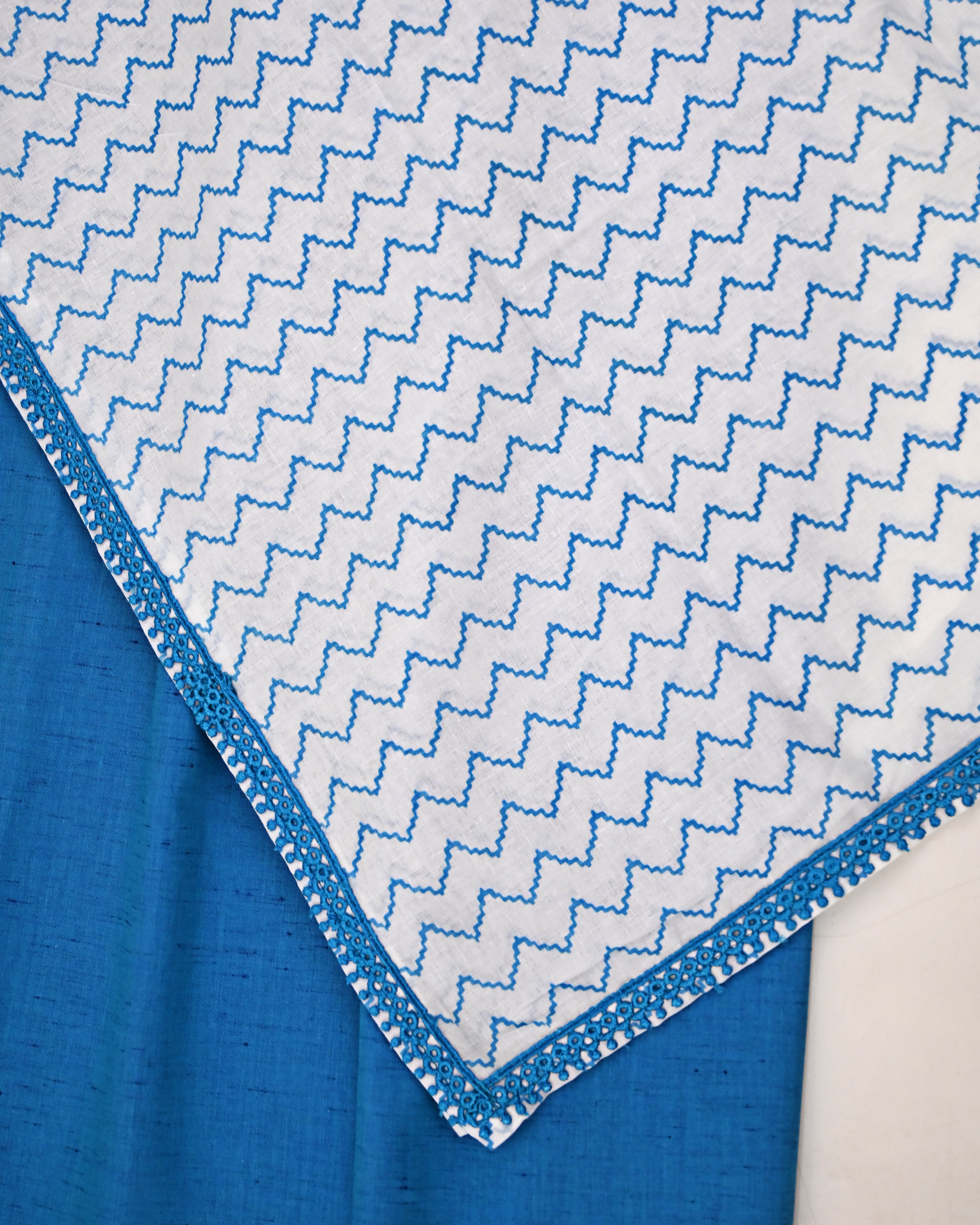 Cerulean Blue Jodi With Floral Printed Panel Smart Lace & White Base Chevron Print Dupatta