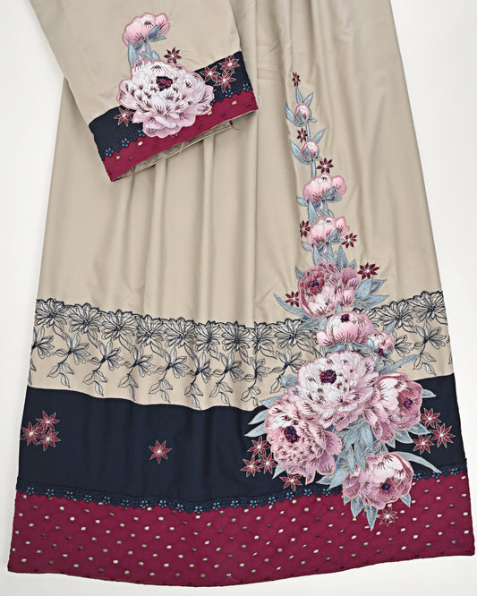 Beige Rida With Smart Dark Panel Lace & Side Floral Bunch