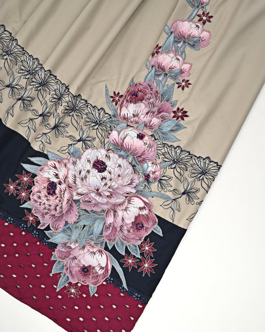 Beige Rida With Smart Dark Panel Lace & Side Floral Bunch