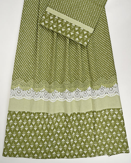 Mehndi Green Batik Rida With Smart Batik Print & Smart Lace