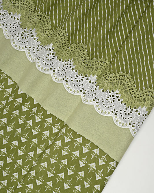 Mehndi Green Batik Rida With Smart Batik Print & Smart Lace
