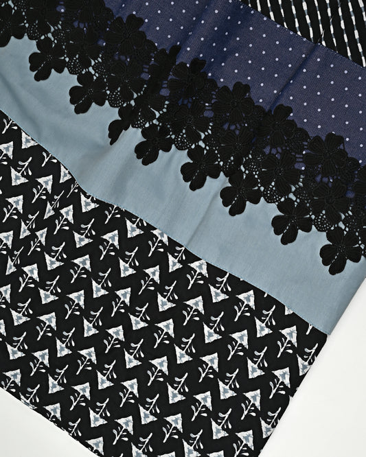Black & White Print Rida With Smart Batik Panel & Smart Dark Lace