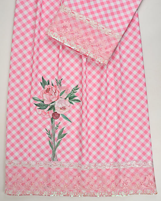White Baby Pink Checks Rida With Floral Work & Smart Lacing