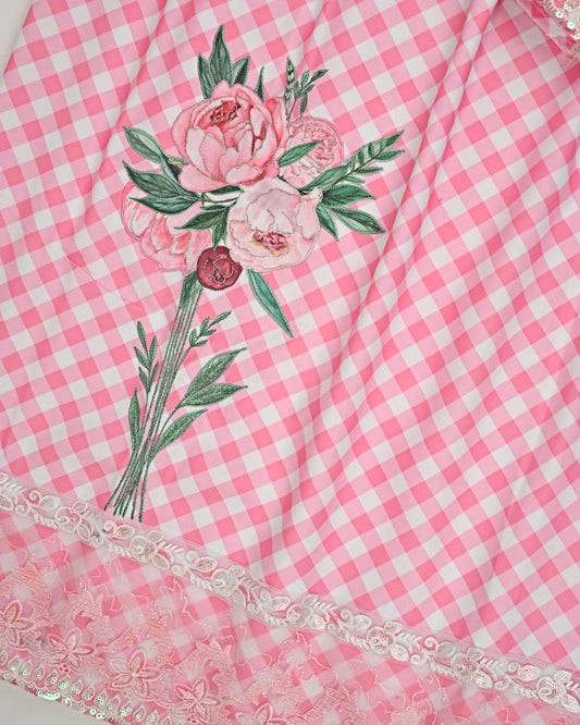 White Baby Pink Checks Rida With Floral Work & Smart Lacing