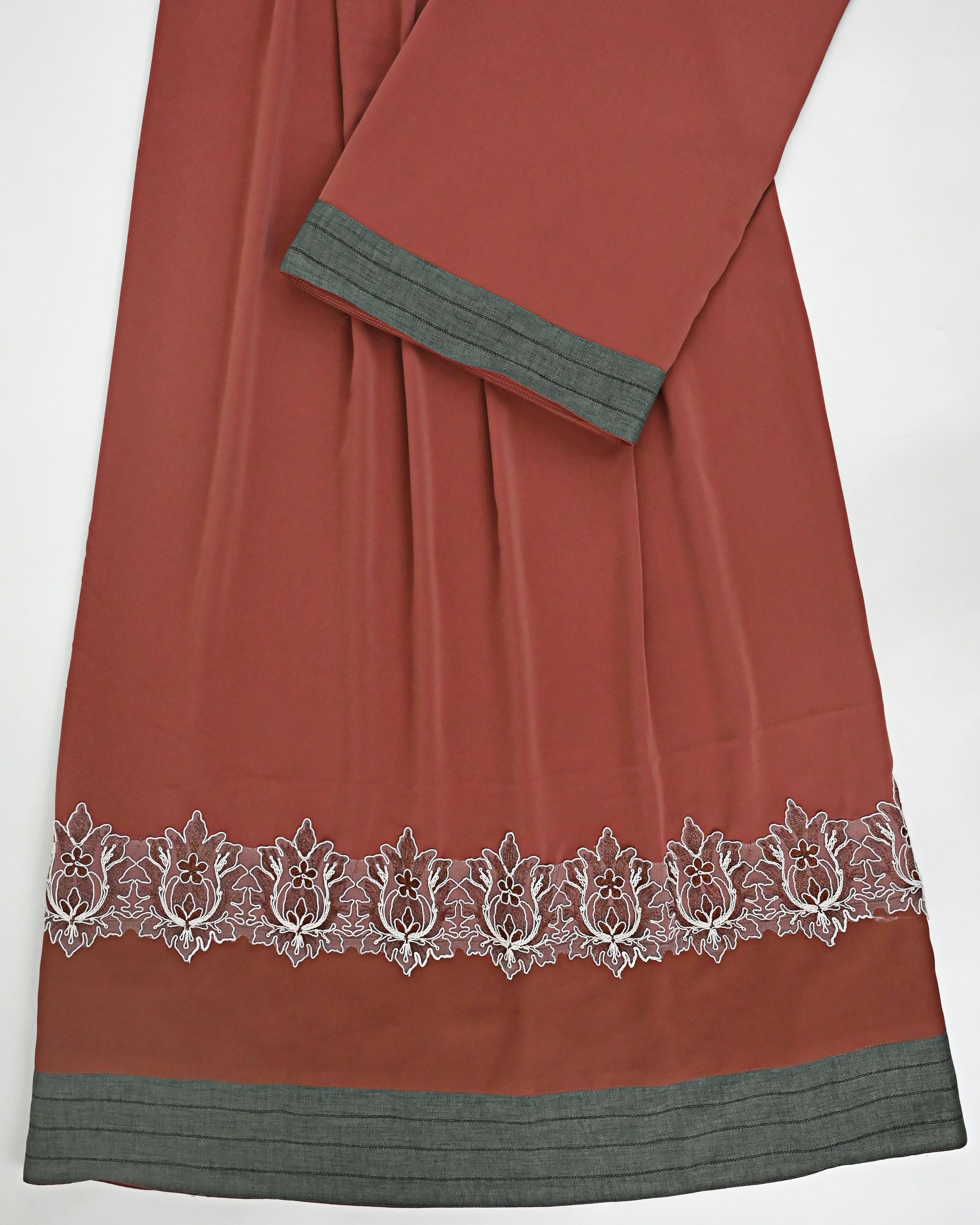 Rusty Orange Abaya Rida With Smart Floral Panel & Floral Lace