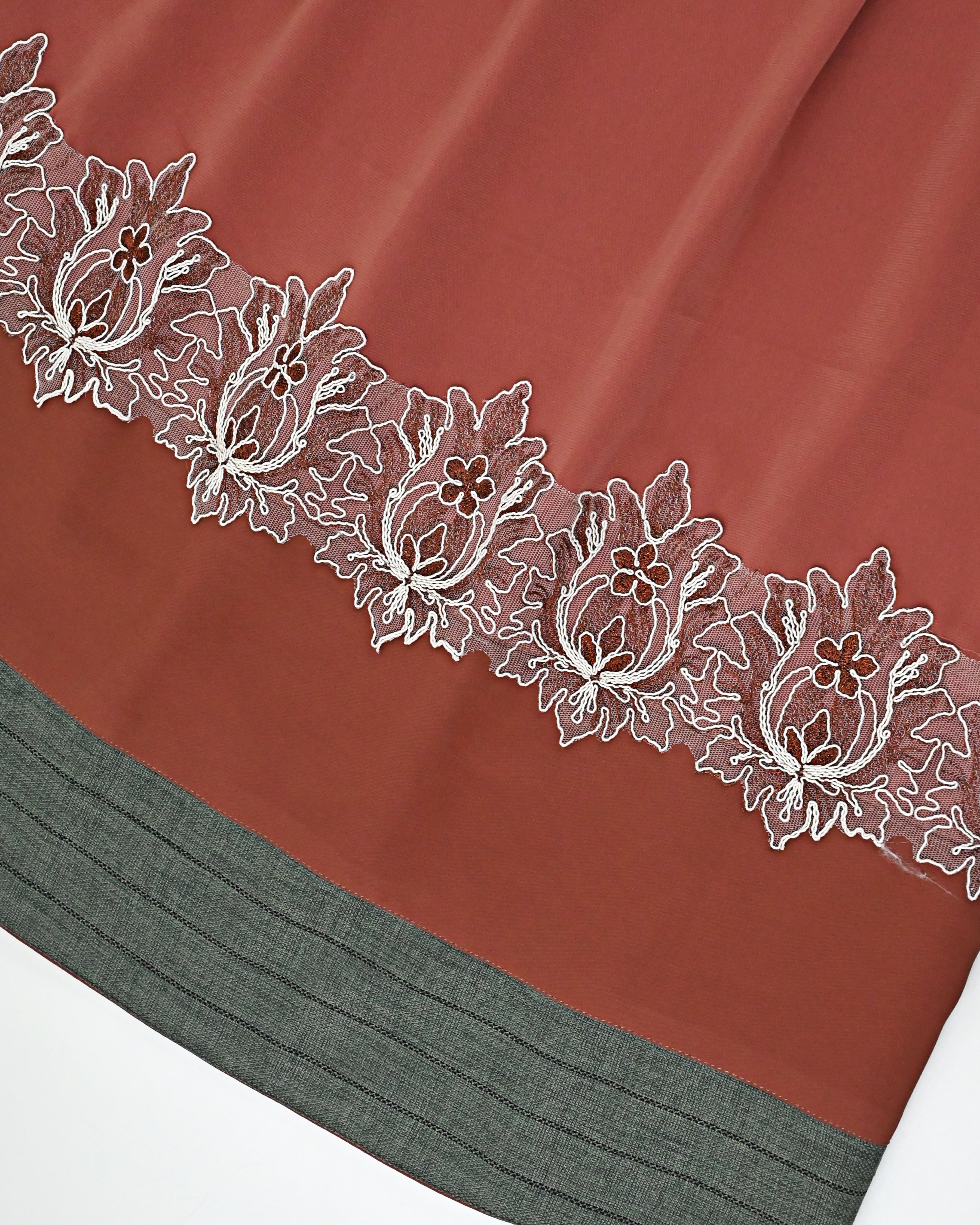Rusty Orange Abaya Rida With Smart Floral Panel & Floral Lace
