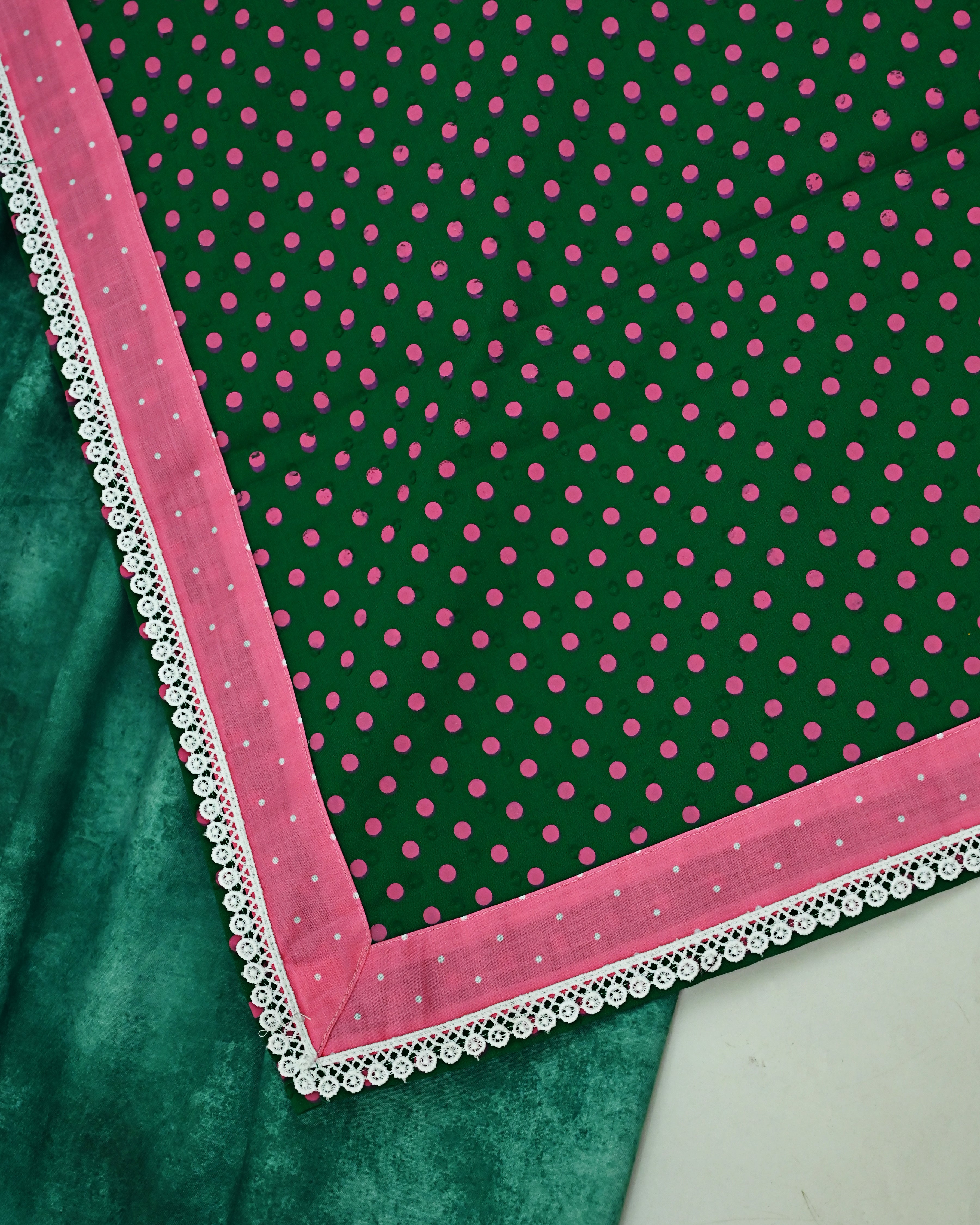 Deep Forest Green Jodi With Smart Lace & Panel With Green Doted Dupatta
