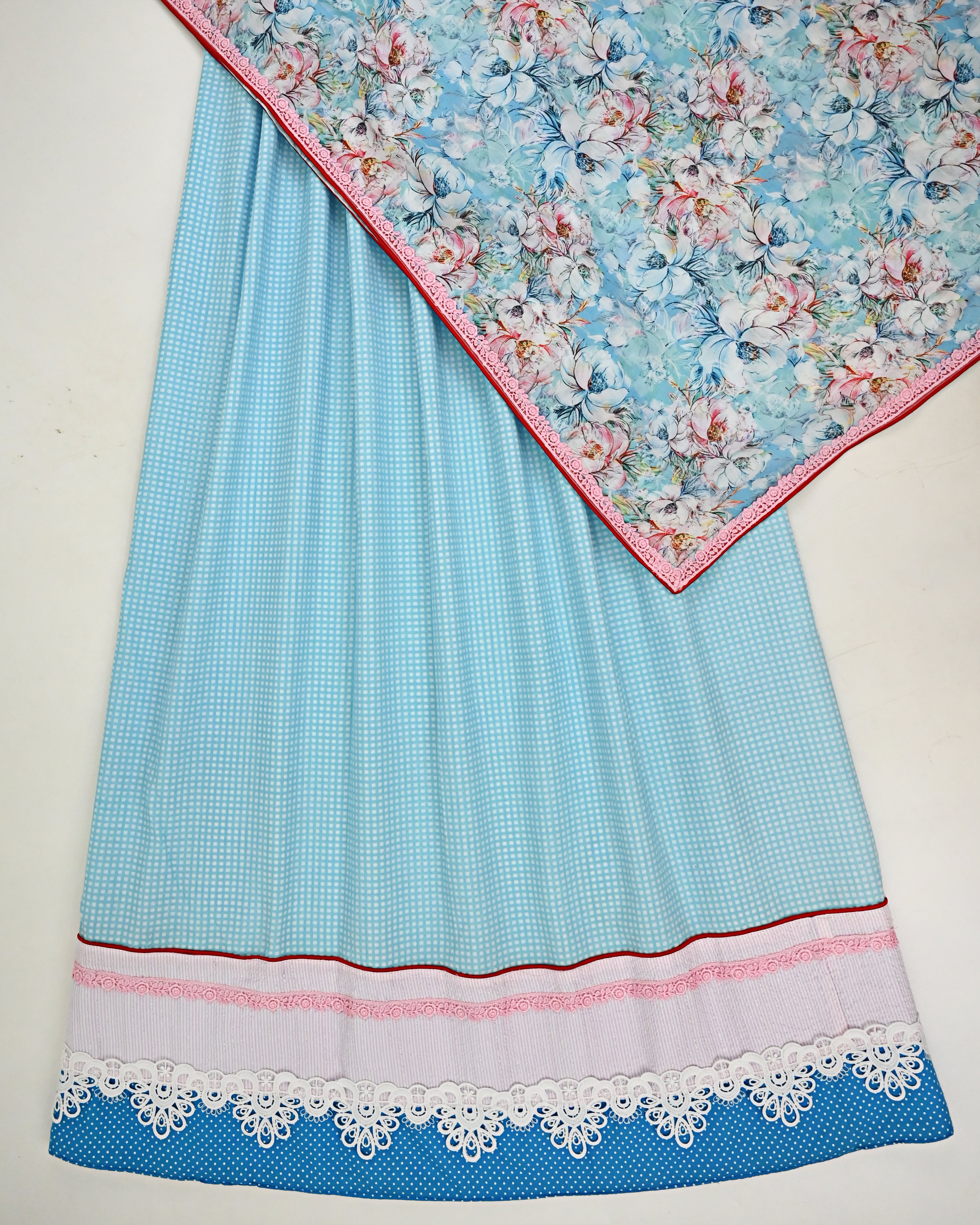 Light Blue Mini Checks Jodi With Smart Lace Panel & Floral Print Dupatta