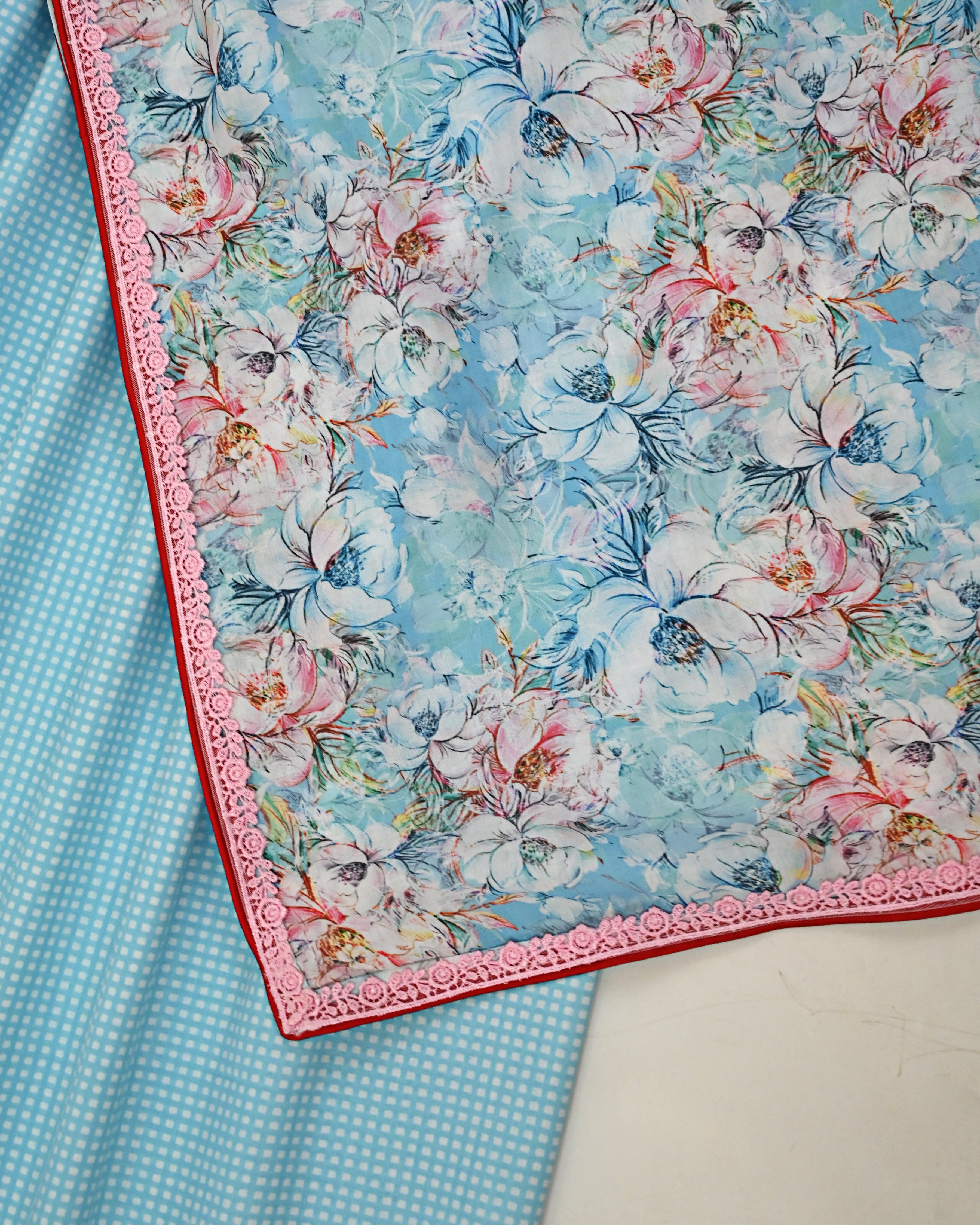 Light Blue Mini Checks Jodi With Smart Lace Panel & Floral Print Dupatta