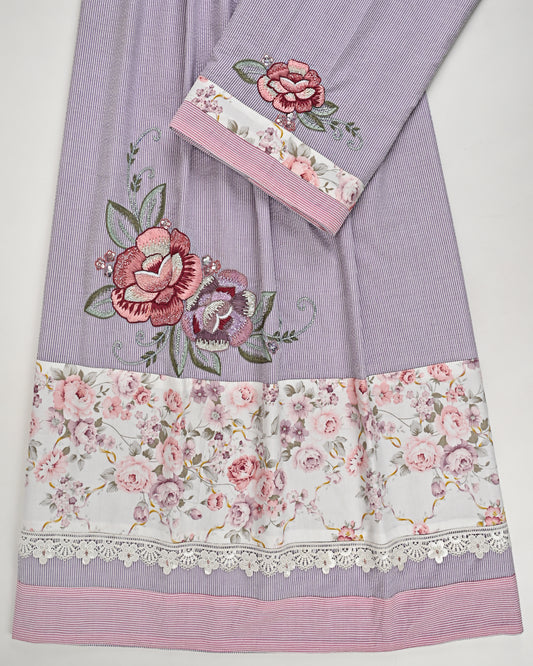 Purple Lining Popcorn Rida With Smart Floral Panel & Floral Aari Work