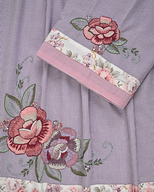 Purple Lining Popcorn Rida With Smart Floral Panel & Floral Aari Work