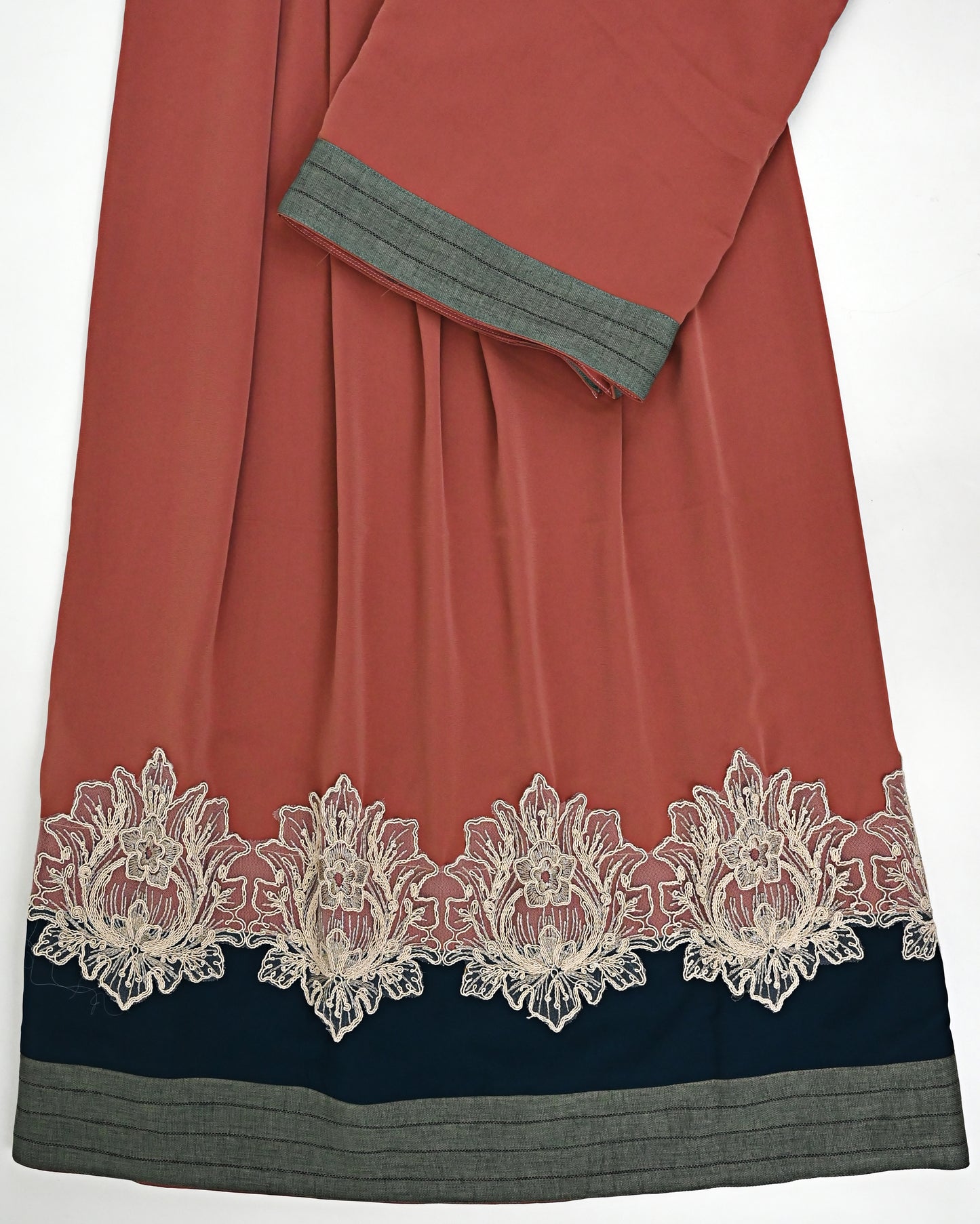 Rusty Orange Abaya Rida With Smart Floral Lacing & Abaya Belt