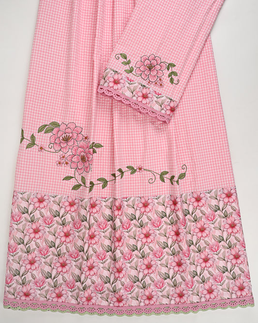 Pink White Checks Popcorn Rida With Floral Panel & Smart Floral Work