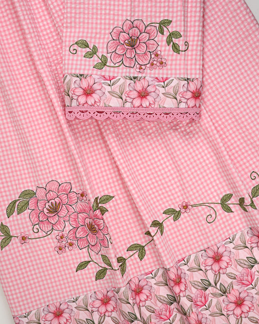 Pink White Checks Popcorn Rida With Floral Panel & Smart Floral Work