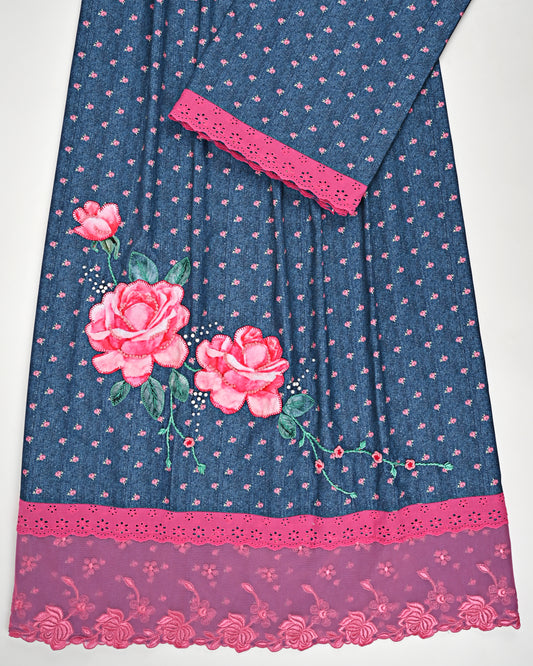 Denim Blue Rose Printed Rida With Smart Lace & Floral Applique