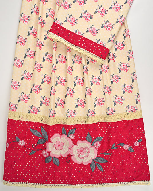Mango Yellow Printed Rida With Hot Pink Hakoba Belt With Floral Work