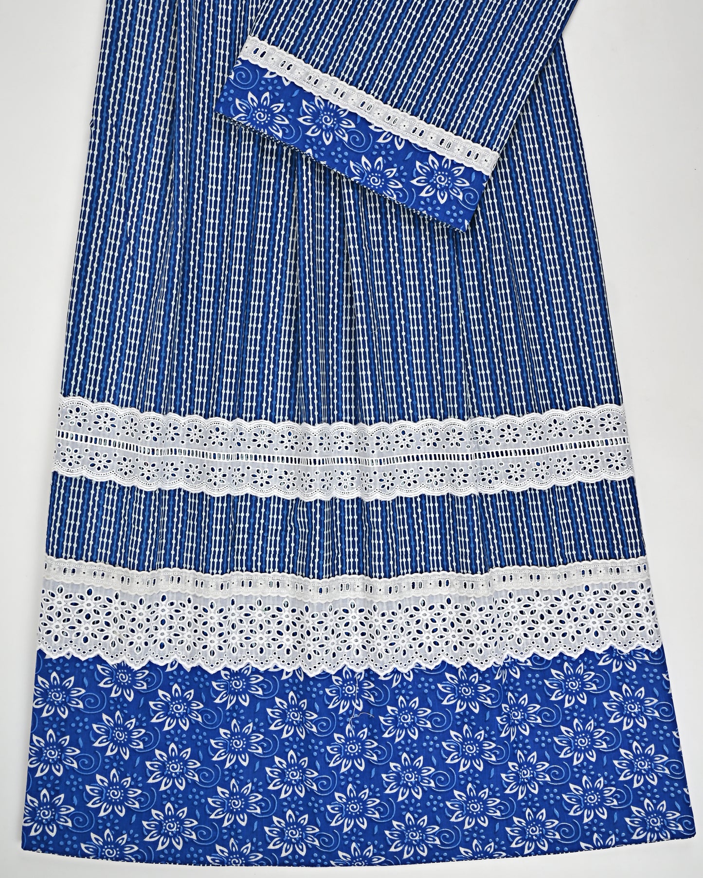 Dark Blue Batik Rida With Smart Floral Panel & White Lace