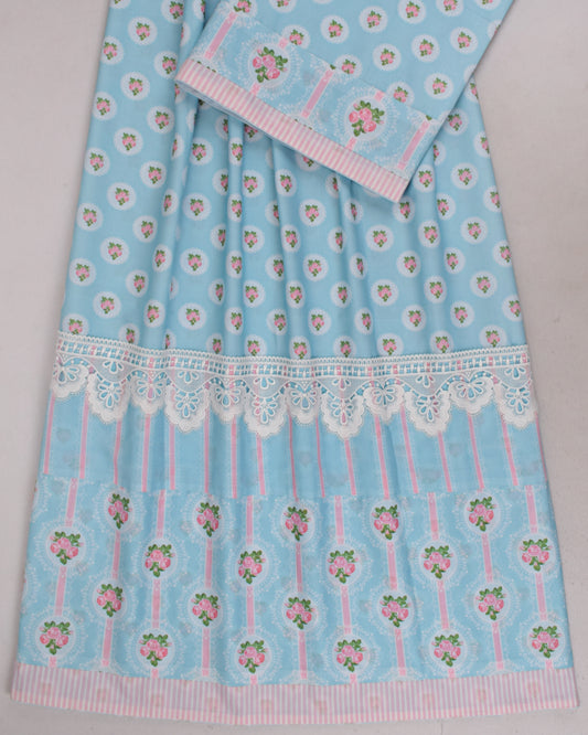 Sky Blue Printed Rida With Printed Smart Panel & Lace