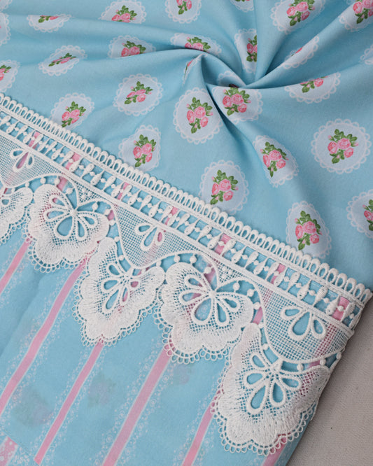 Sky Blue Printed Rida With Printed Smart Panel & Lace