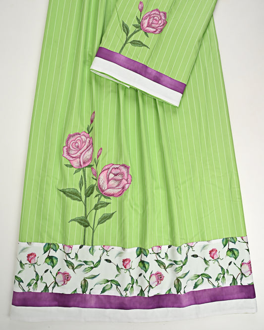 Light Green Lining Rida With Floral Panel & Purple Floral Emb. Work