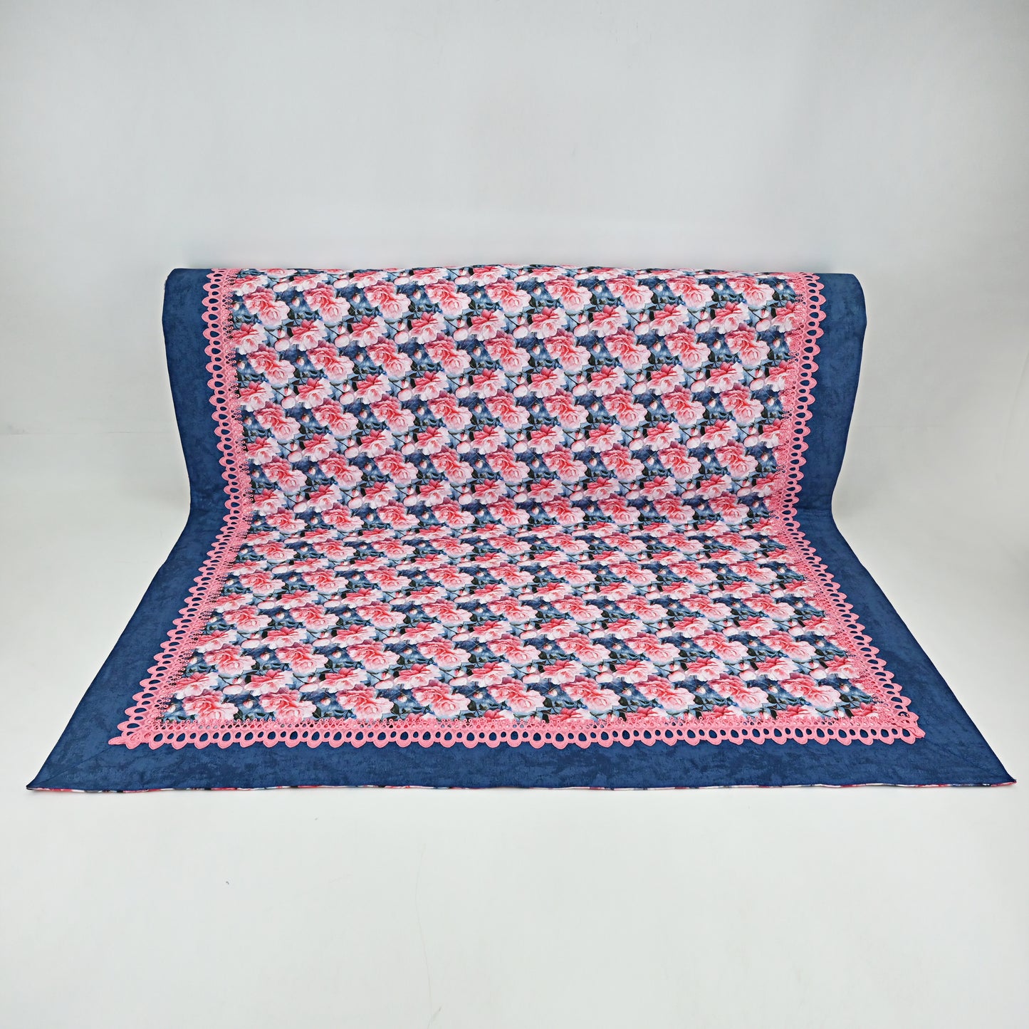 Royal Blue Pink Rose Printed Quilted Sujni With Smart Lace & Denim Blue On Border
