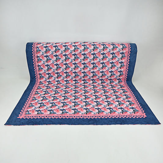 Royal Blue Pink Rose Printed Quilted Sujni With Smart Lace & Denim Blue On Border