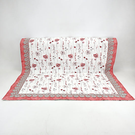Off White Floral Printed Quilted Sujni With Smart Lace On Border