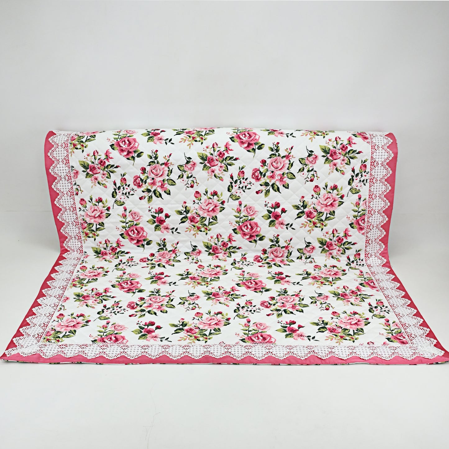 White Base Floral Print Quilted Sujni With Smart Lace On Border