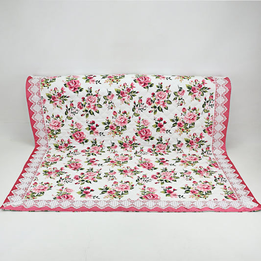 White Base Floral Print Quilted Sujni With Smart Lace On Border