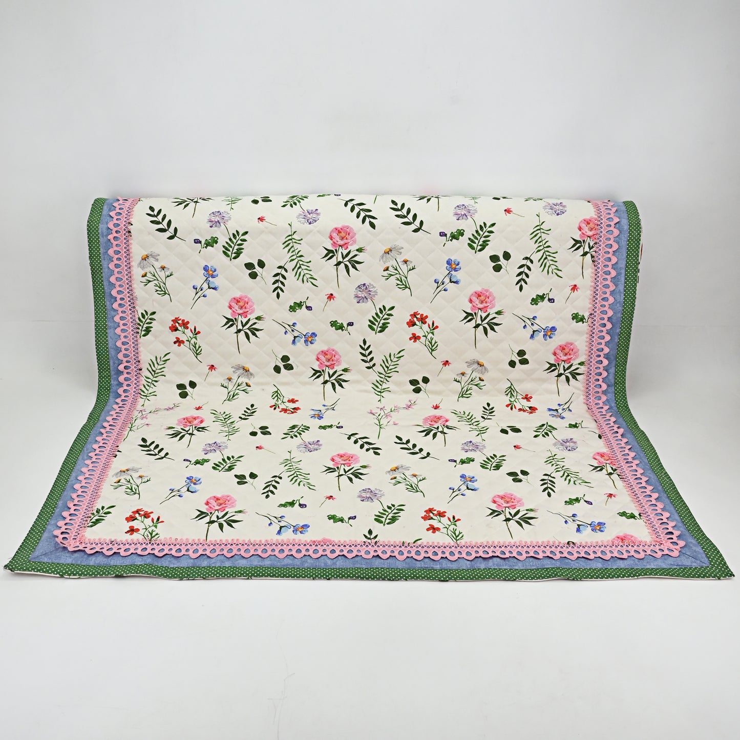 Off White Base Multicolor Quilted Sujni With Smart Lace & Green Border