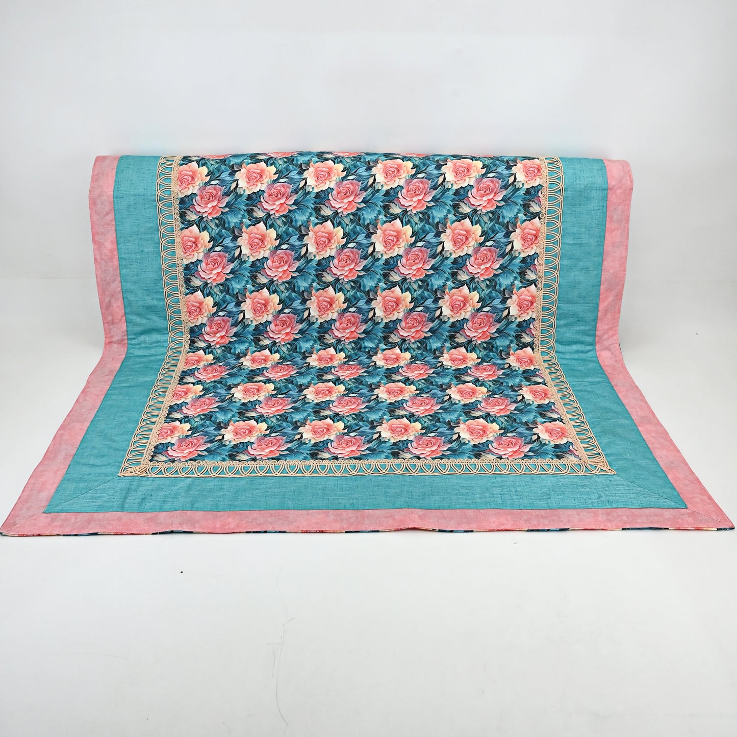 Pinkish Peach & Green Floral Print Quilted Sujni With Small Lace & Two Color Border