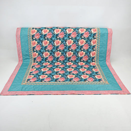 Pinkish Peach & Green Floral Print Quilted Sujni With Small Lace & Two Color Border