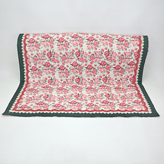 Off White Rose Printed Quilted Sujni With Smart Lacing On Border