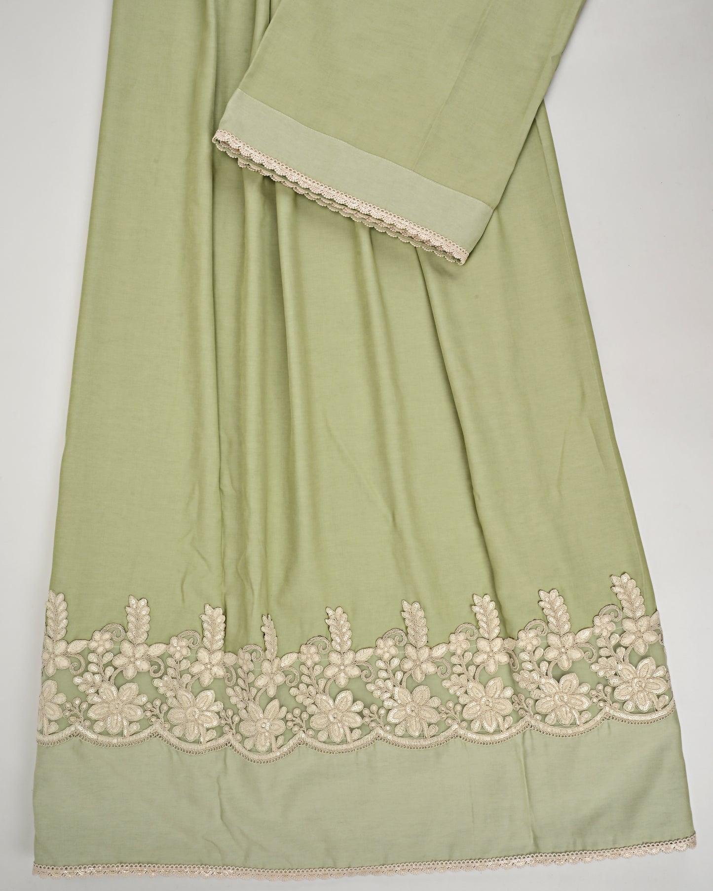 Sage Green Rida With Smart Floral Lace & Plain Panel