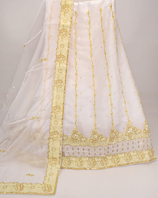 White Bridal Wear With Light Yellow Aari Sober Work & Aari Border White Dupatta