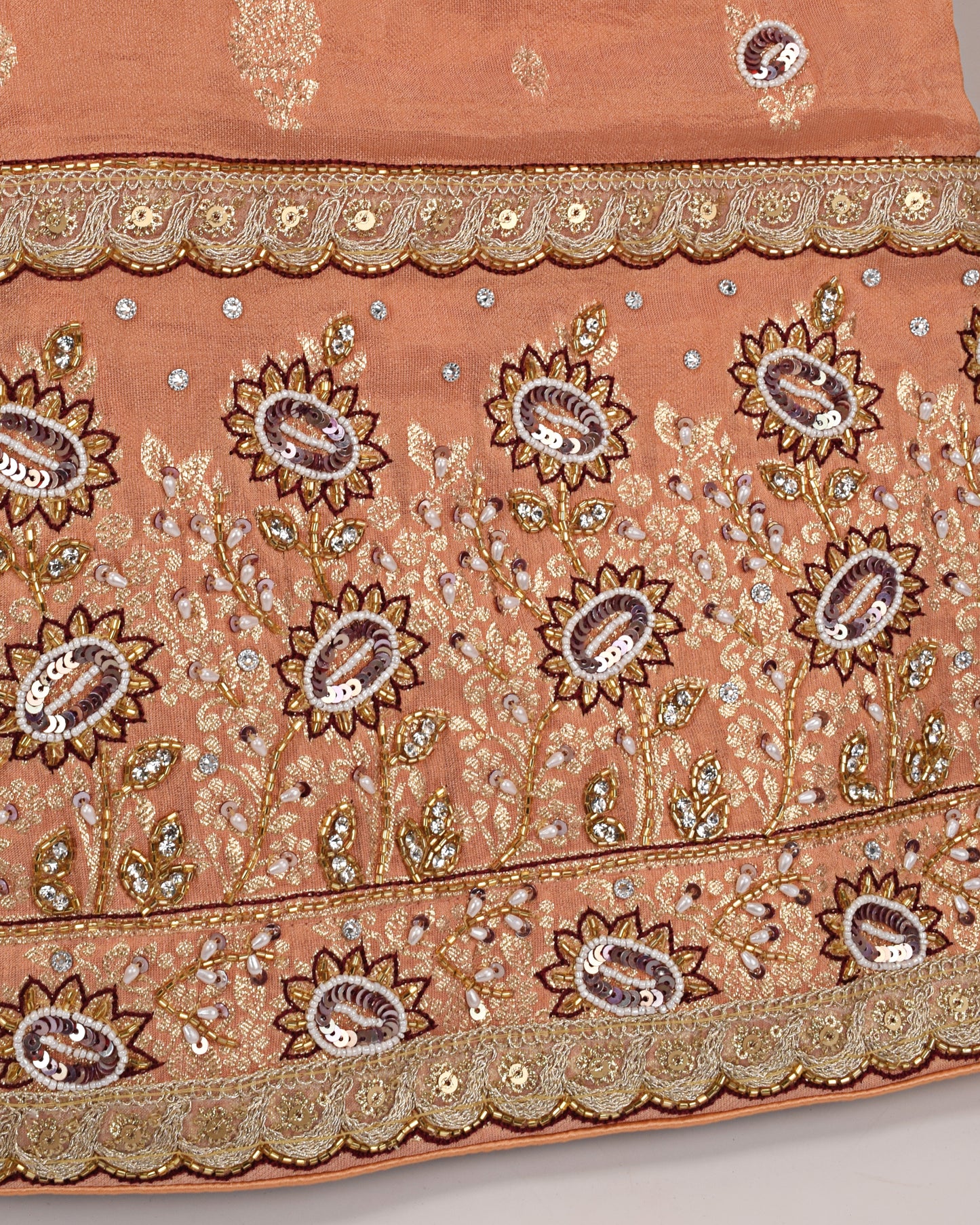 Orange Self Print Bridal Wear With Aari Border & Matching Dupatta