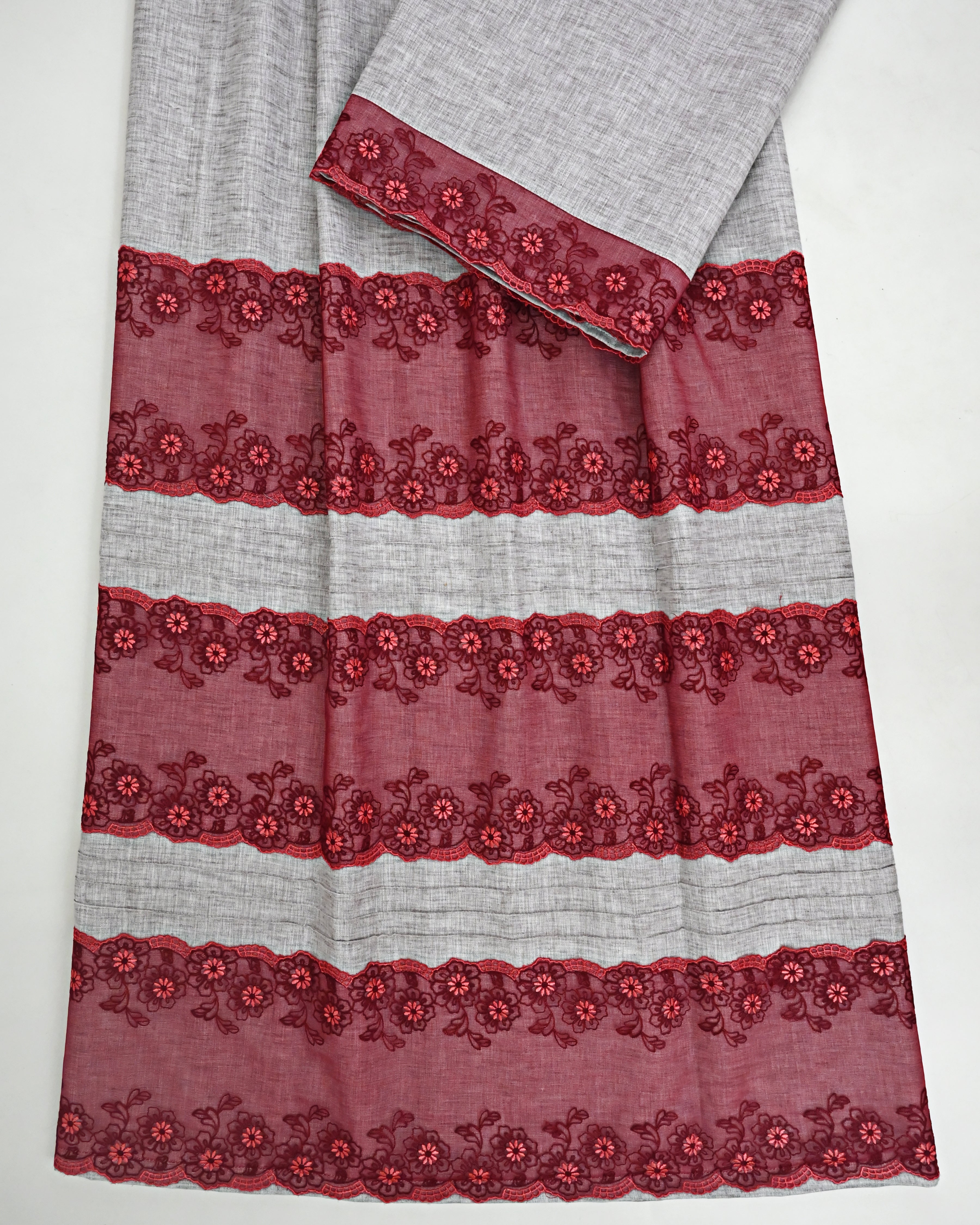 Light Grey Rida With Smart Floral Maroon Lace & Smart Pintex