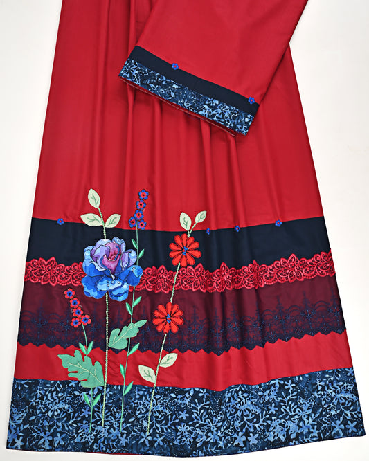 Blood Red Rida With Smart Dark Panel Lace & Floral Work