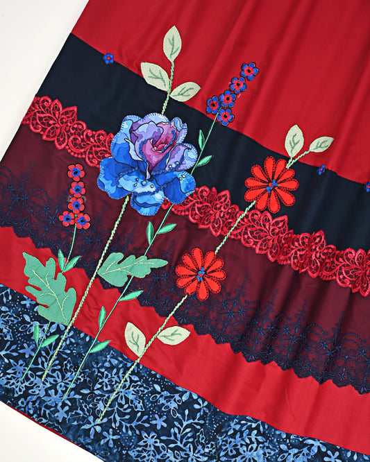 Blood Red Rida With Smart Dark Panel Lace & Floral Work