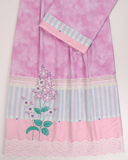 Lilac Marble Rida With Smart Panel Lace & Rose Applique Work