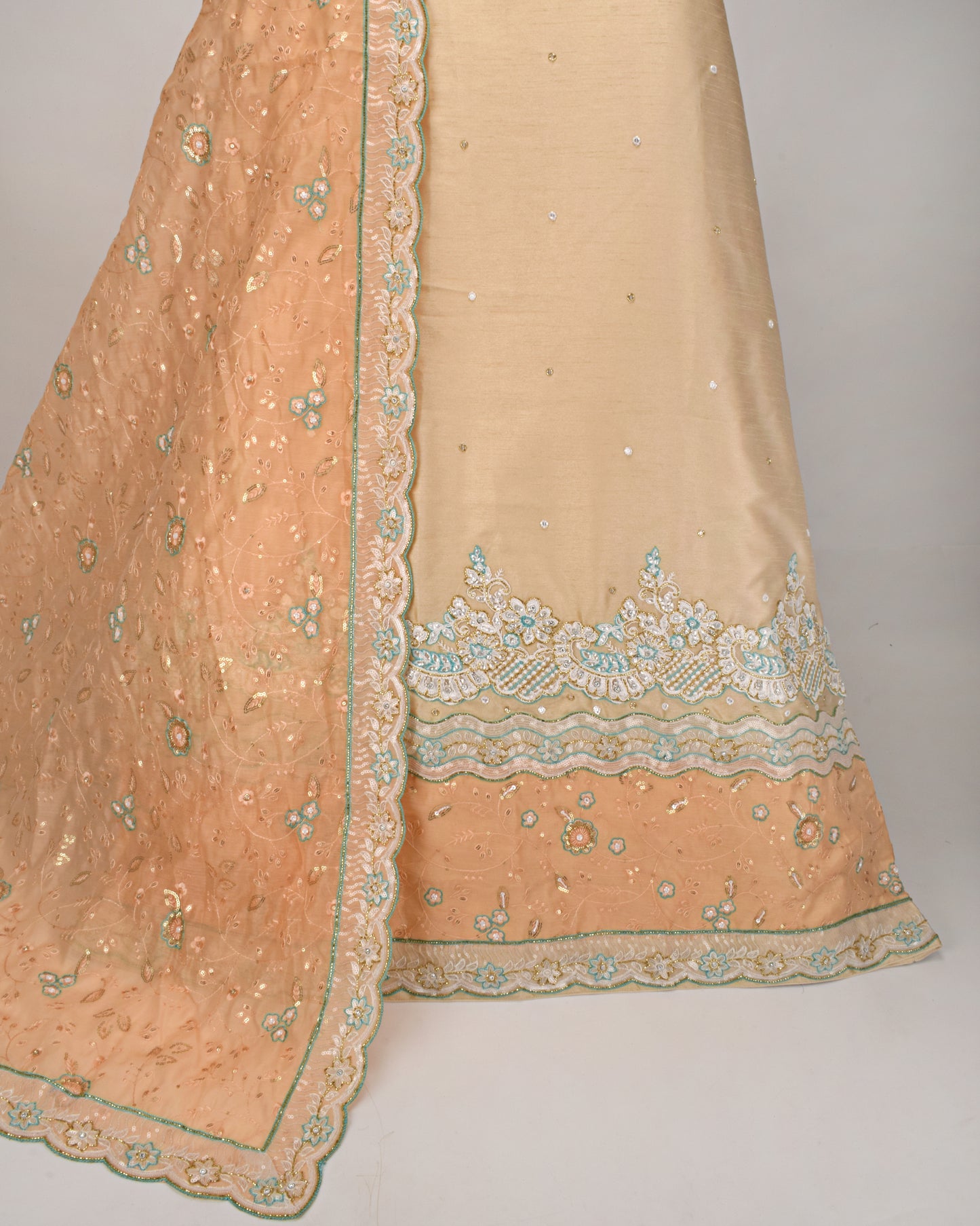 Cream Bridal Wear With Floral Aari Work & Peach Duppatta Border Work