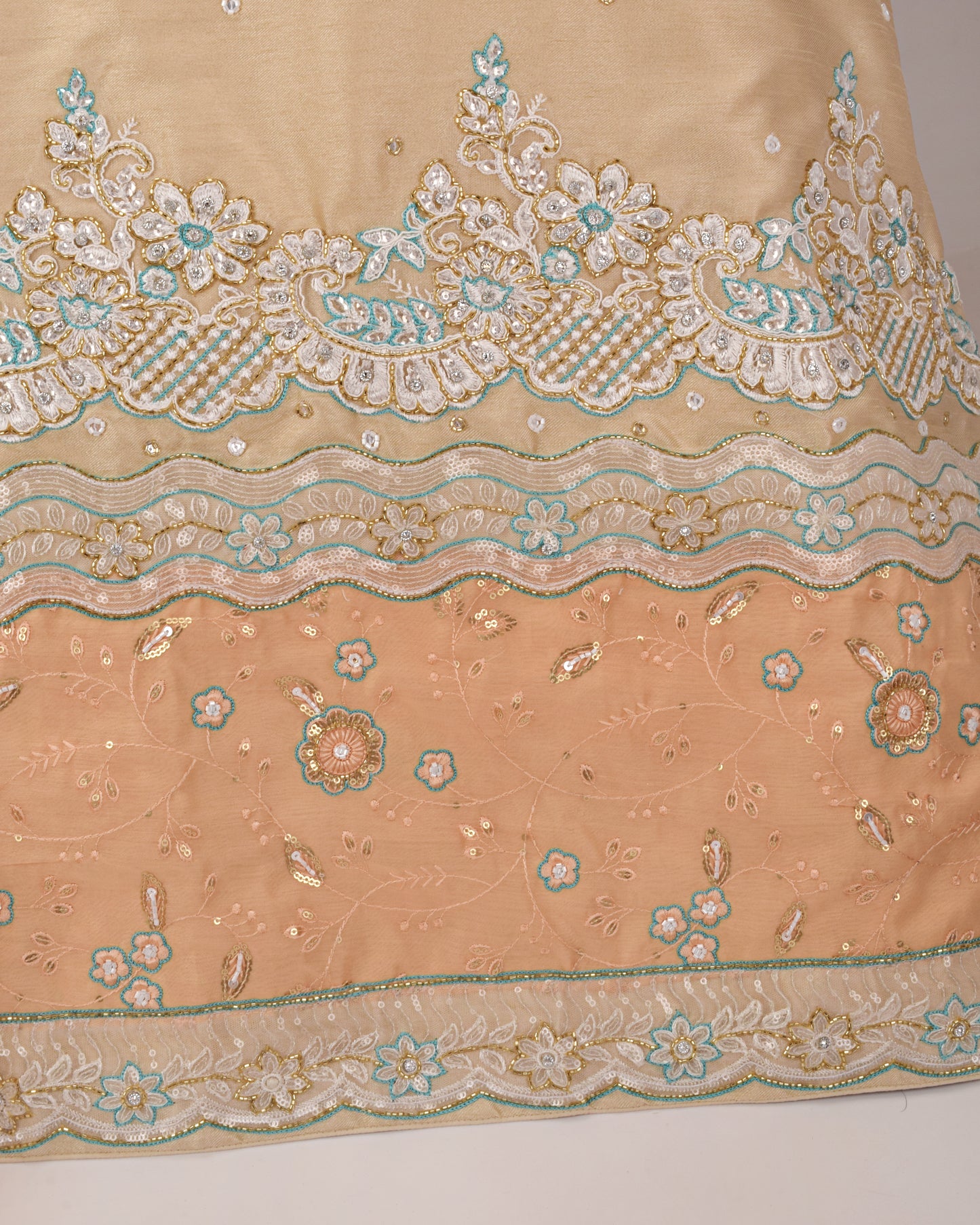 Cream Bridal Wear With Floral Aari Work & Peach Duppatta Border Work