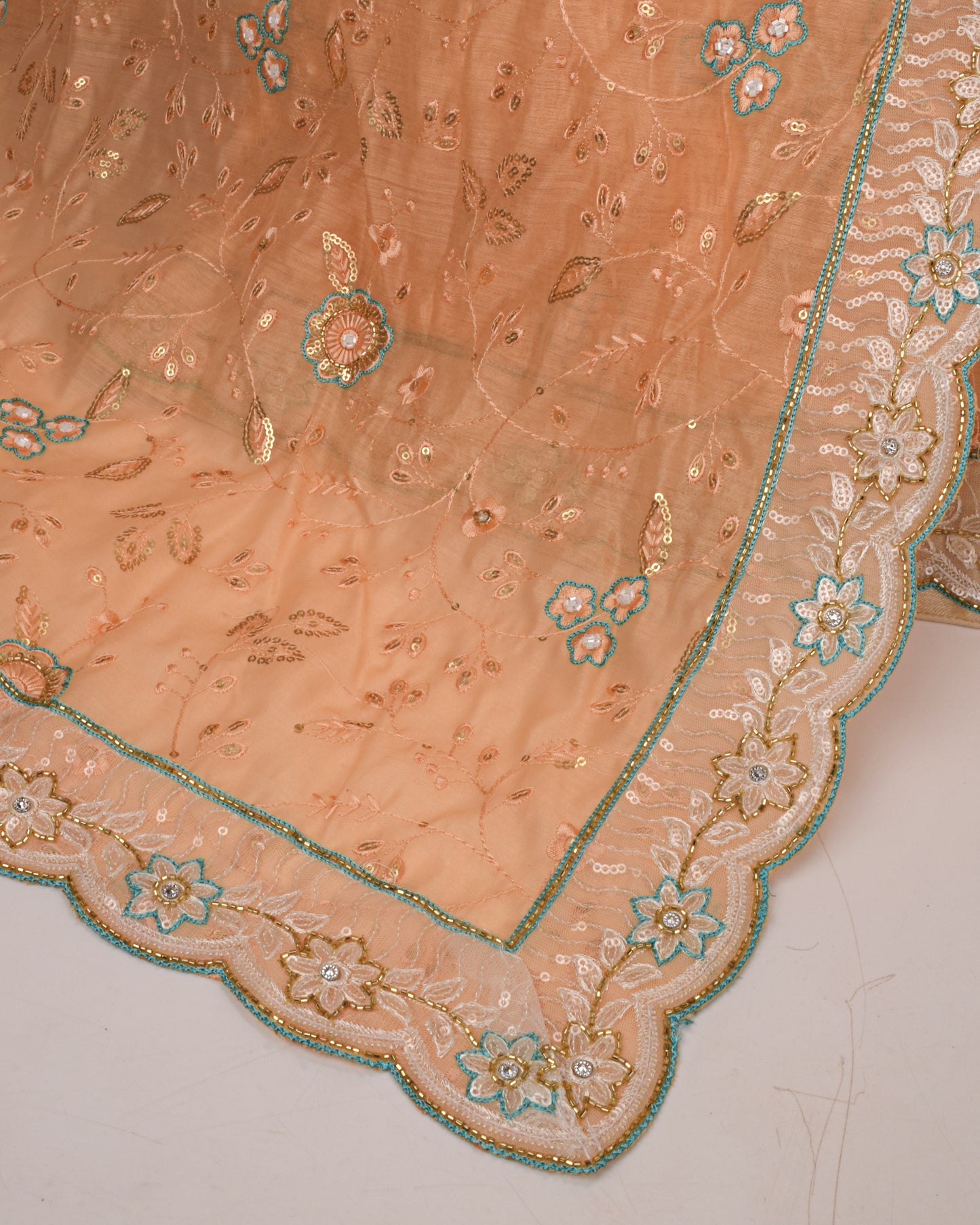 Cream Bridal Wear With Floral Aari Work & Peach Duppatta Border Work