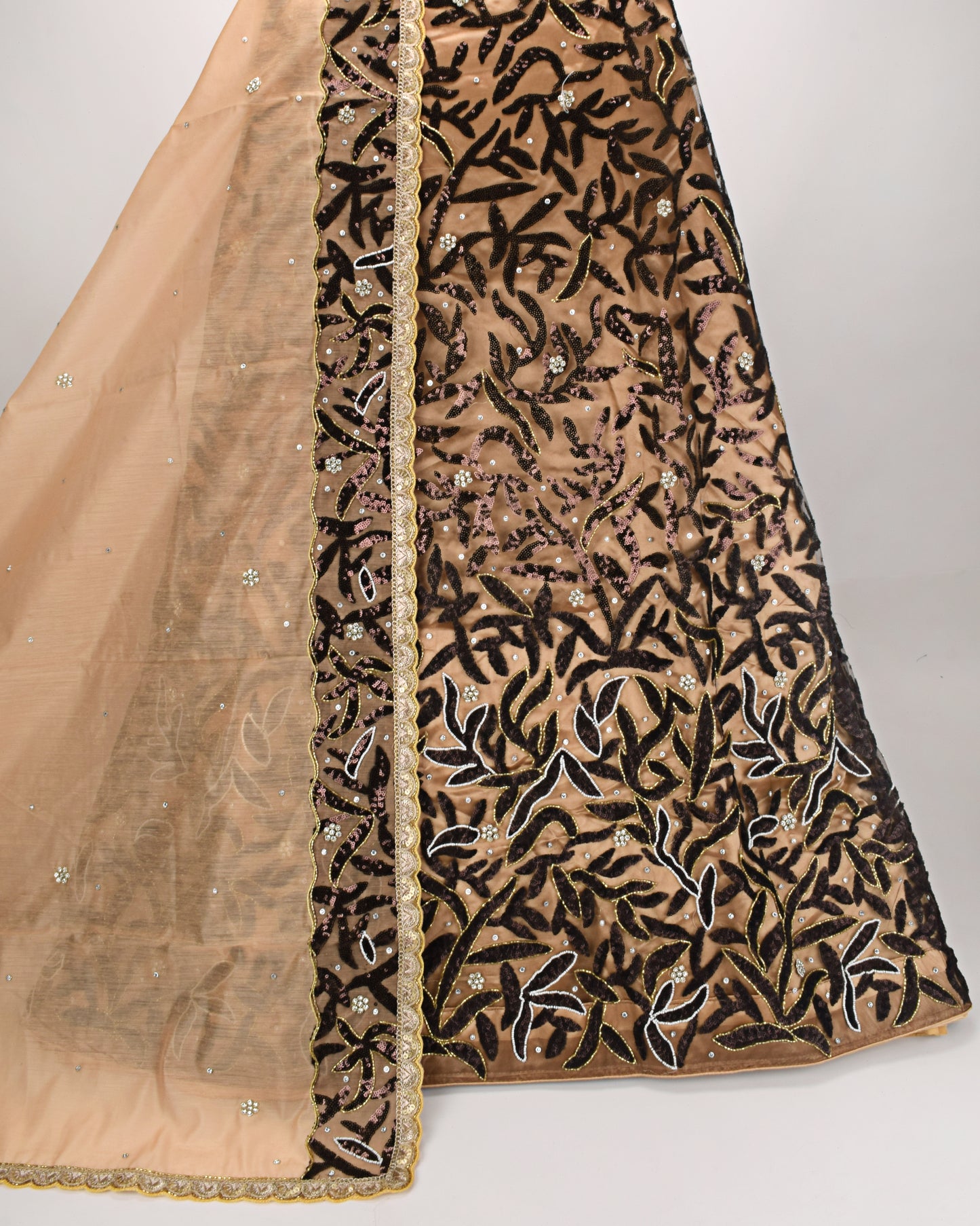 Golden Base Bridal Wear With Dark Brown Net Peice & Same Border Dupatta