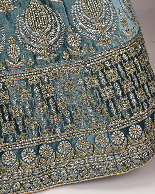 Sea Green Velvet Bridal Wear With Full Work & Matching Dupatta