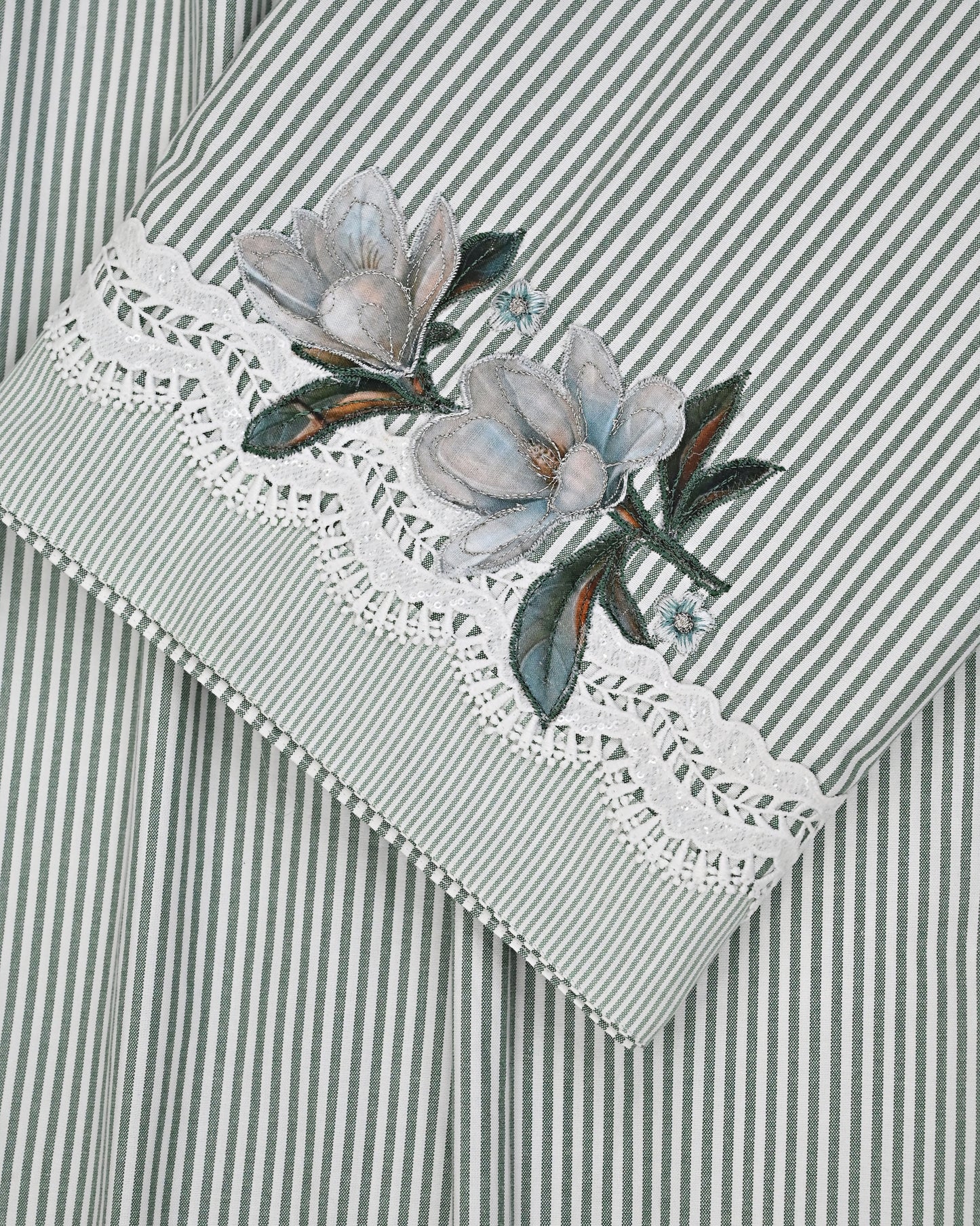 Pine Green White Stripes Rida With Smart Floral Applique & Smart Lace