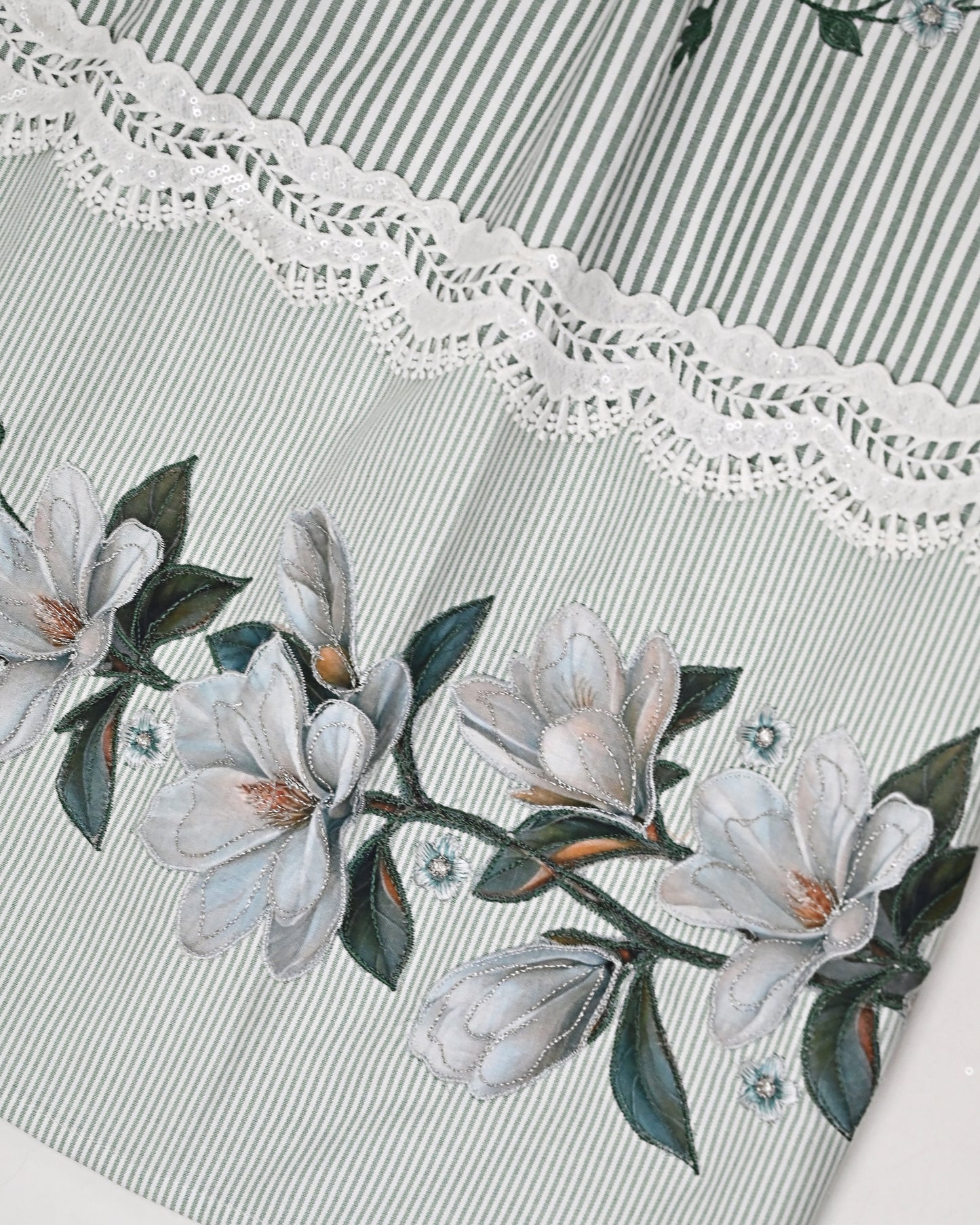 Pine Green White Stripes Rida With Smart Floral Applique & Smart Lace