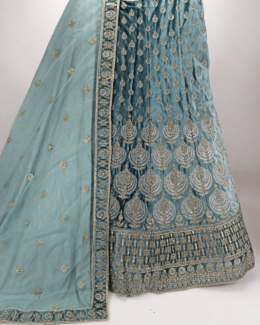 Sea Green Velvet Bridal Wear With Full Work & Matching Dupatta