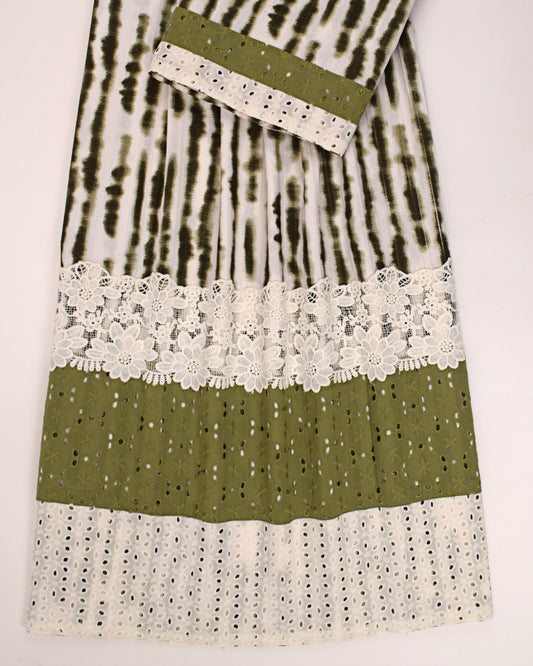 Dark Green Off White Stripes Rida With Smart Hakoba Panel & Lace