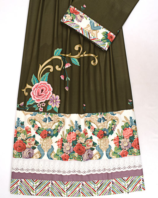 Mehndi Green Rida WIth Floral Panel & Floral Work